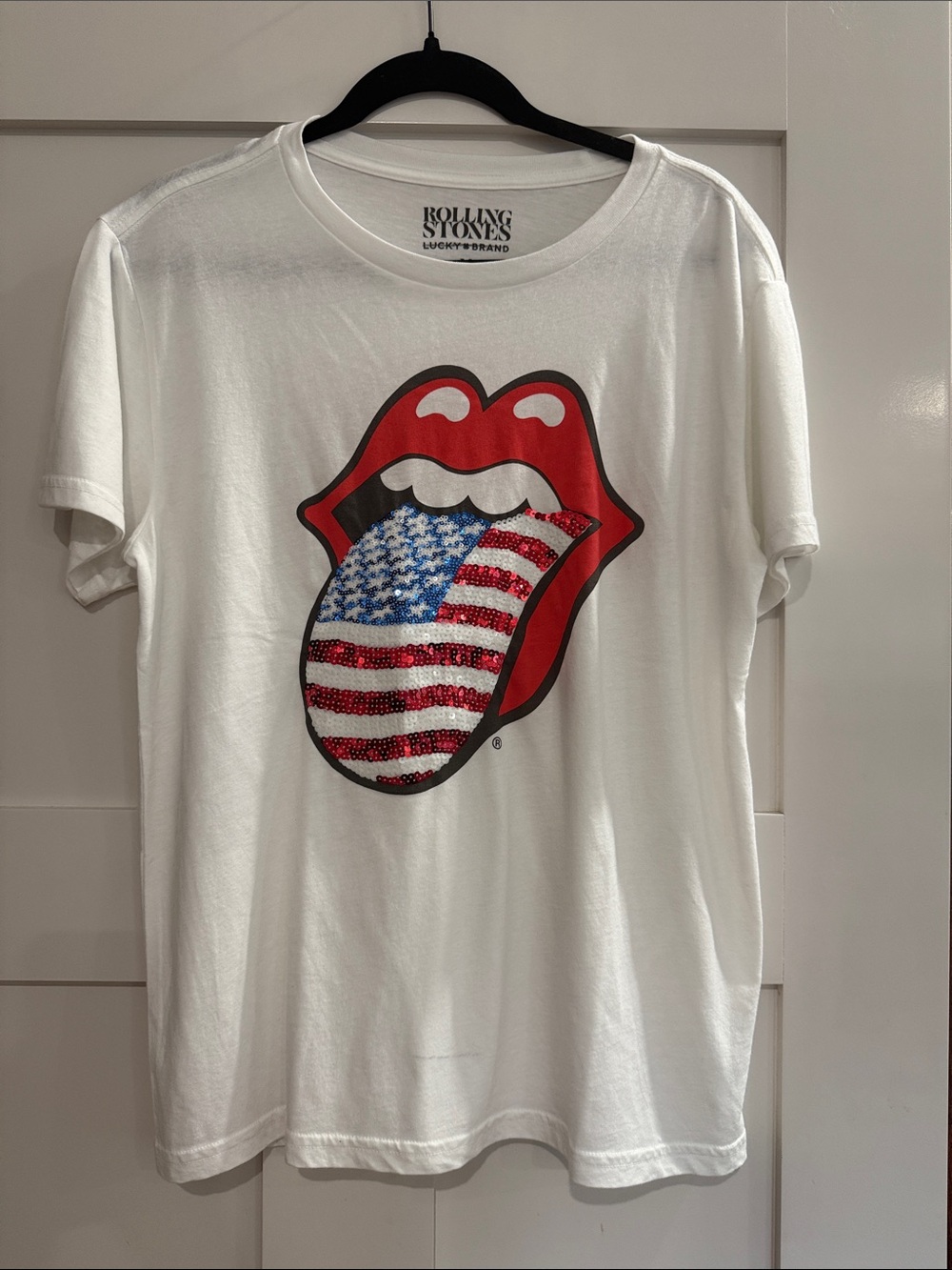 Rolling Stones Lucky Brand NWOT White Tee with Sequin American Flag - Women’s M
